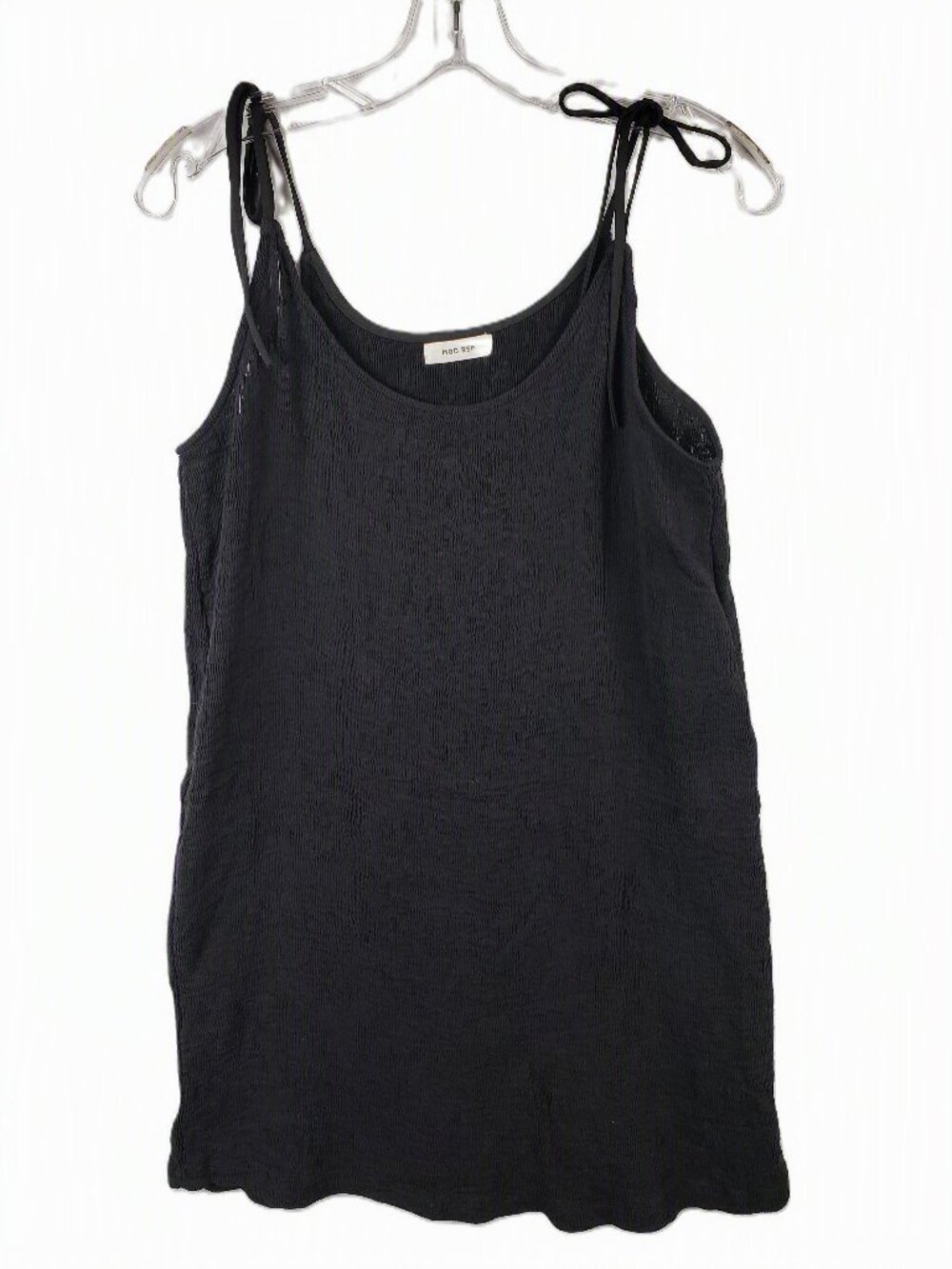 MOD REF Mini Dress Tunic Tie Straps Black Crinkled Ribbed Minimalist Resort sz M